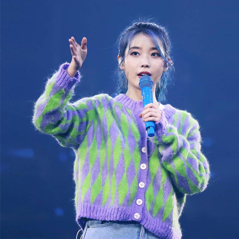 Green Purple Rhombus Plaid Retro Knitwear Top Women Short Section Button Cardigan Sweater