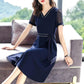 L-5XL Spring Summer Chiffon Dress Large Size V-neck See-through Mesh Short-sleeves Temperament Slim Black Skirt Female Bow Strap A-line Dress