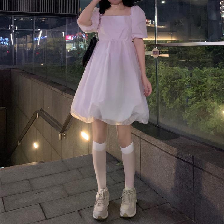 Woman Square Collar Puff Short Sleeves Black and White Fairy Skirt Lace Yarn Tutu Skirt Dress Wedding Bra