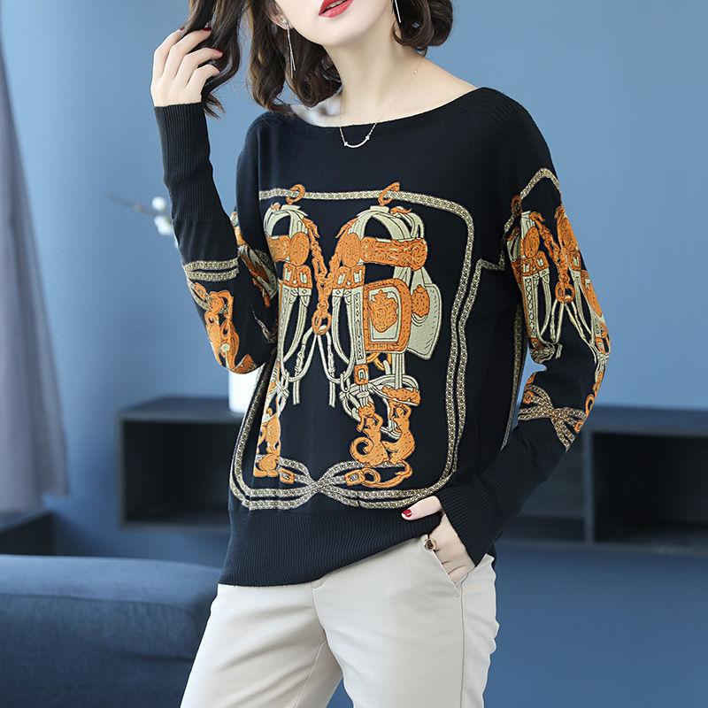 Women's Boat Neck Cashmere Sweater Short Loose Pullover Plus Size Printed Cardigan Ethnic Style Wool Knit Jumper