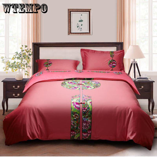 Egyptian Cotton Embroidery Luxury Oriental Bedding set King Queen size Bed set Coffee Bule Duvet