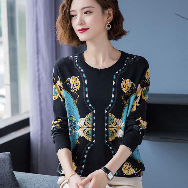 Ethnic Style Printed Sweater Cashmere Knitted Bottoming Sweater Women Winter Warm Woolen Sweater Plus Size Jumper Tops