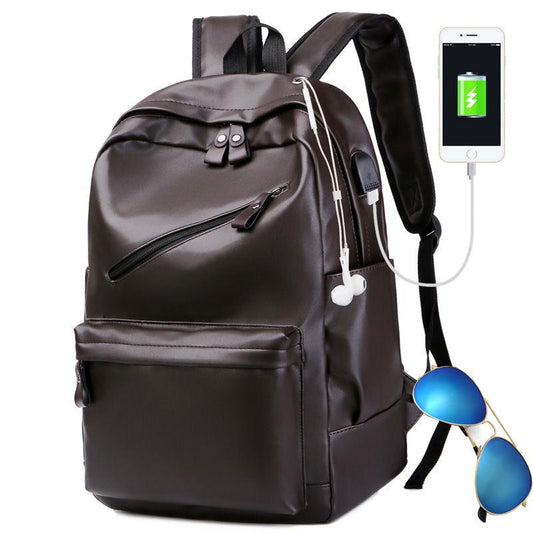 Men Backpack External USB Waterproof Backpack Fashion PU Leather Travel Bag Casual Leather Bookbags