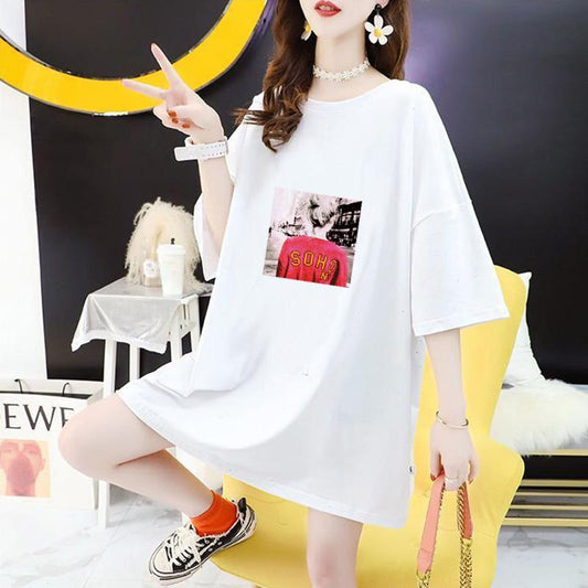 Hollow Halter Mid-length T-shirt Women's Short-sleeved Loose Loose Slim T-shirt Half-sleeved Top Ladies Casual Loose T-shirt