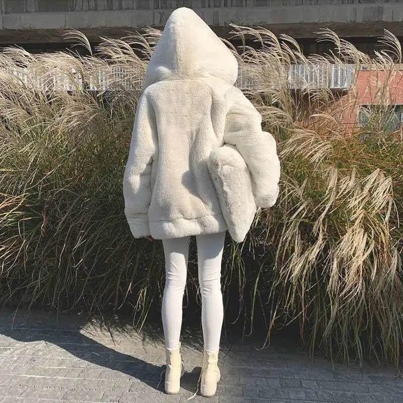 Korean Version of Loose Thick Plush Jacket Women's Hoodie Imitation Rex Rabbit Fur Mid-length Fur Coat Winter