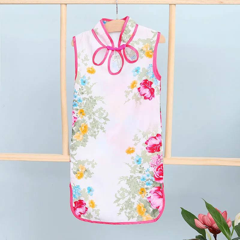 Children Dress Children's Tang Suit Girls Summer Thin Dress Cheongsam Printed Floral Cheongsam Chinese Style Sleeveless Dress