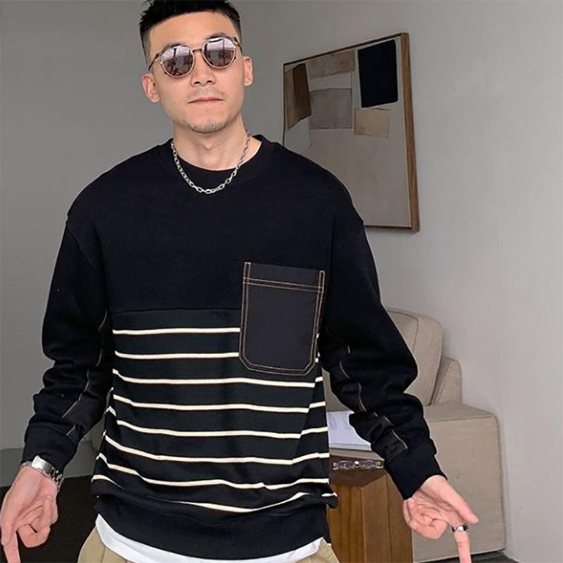 Ruffian Autumn Men's Striped Sweater Stitching Round Neck Pullover Top Loose Long-sleeved Sweatshirts Tide