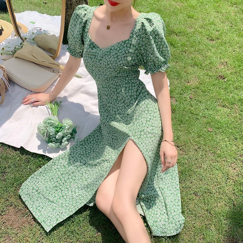 French Square Neck Floral Dress Women's Summer Style Korean Temperament Was Thin Split Puff Sleeve Skirt