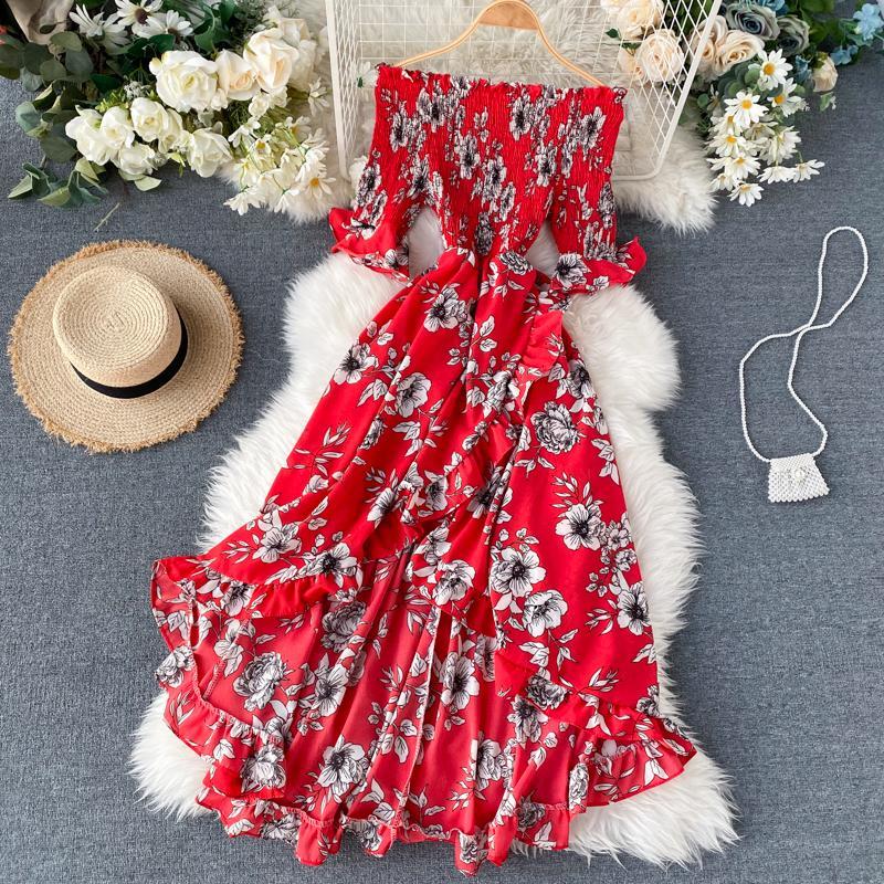 Sexy Floral Print Strapless Dress Slash Neck High Waist Half Sleeve Irregular Ruffle Dress