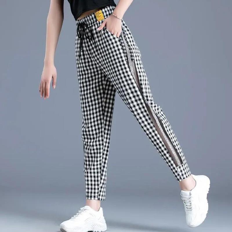 Plaid Pants Girls Mesh Casual Pants Ice Silk Pants Women Summer Thin Section Nine-point Harem Pants