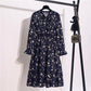 Women Dress Long Sleeve Casual Autumn DressKorean Style Vintage Floral Printed Chiffon Shirt Dress Bow Midi Summer Dress