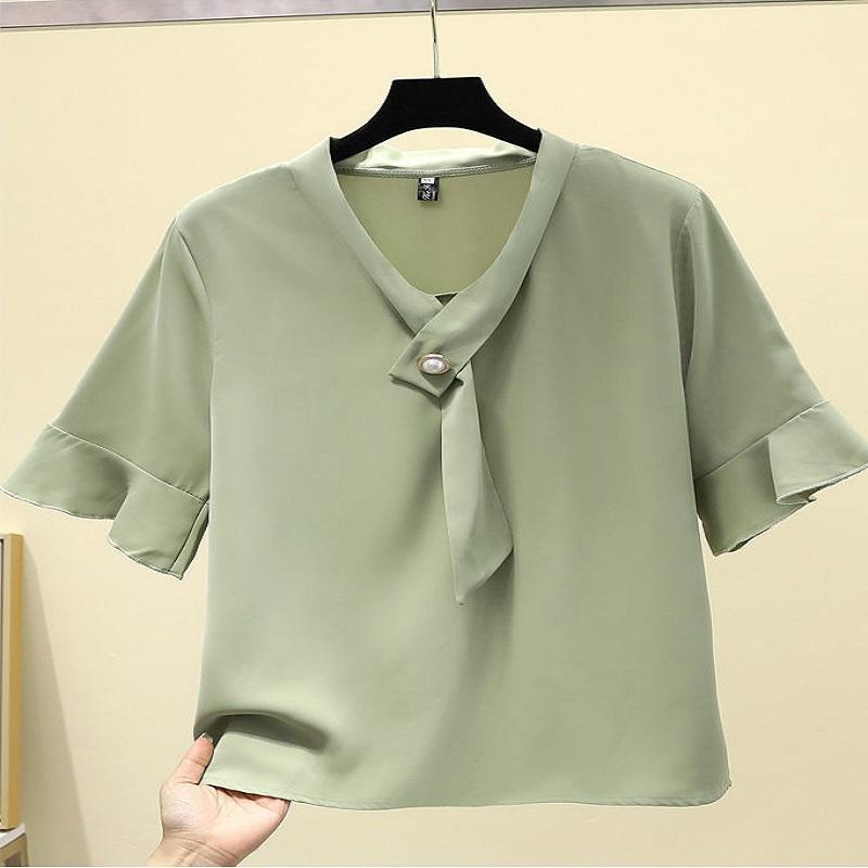 Summer Ladies Top Sleeve Shirt Chiffon Short Sleeve blouse V-neck Solid Color Breathable blouse