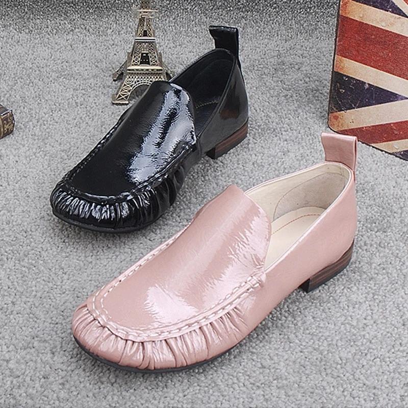 Women's Shallow Mouth Casual Shoes Peas Shoes Round Toe Flat Spring and Autumn Single Shoes British Style Leather Shoes Lazy Pedal Shoes
