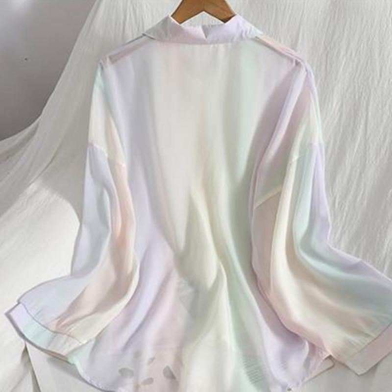 Mid-length Chiffon Shirt Rainbow Color Buttoned Shirt Age Reduction Sweet Summer Dress Gentle and Versatile Korean Sunscreen Shirt