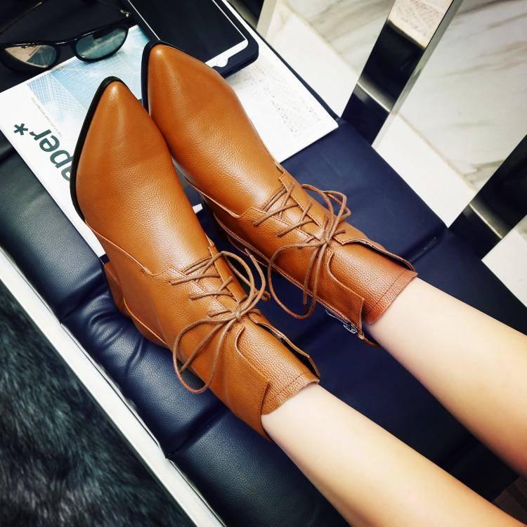 Women PU Leather Boots Winter Pointed Toe High Heel Boots Zipper Fashion Motorcycle Boots Size
