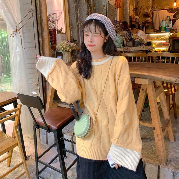 Autumn and Winter Loose Sweet Stitching Knitted Long-sleeved Fashion Sweater Women