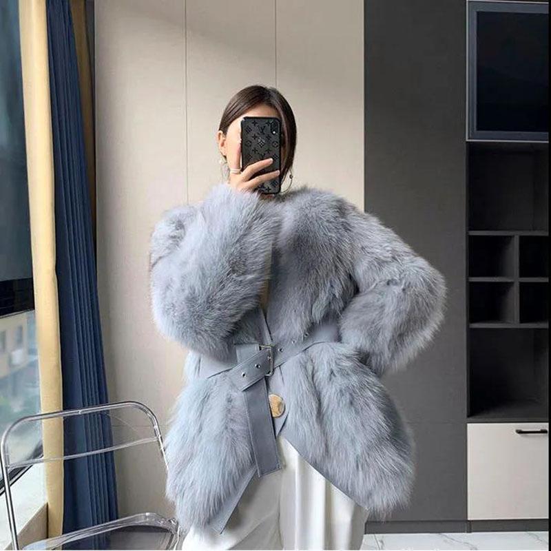 Fur Coat Winter Ladies Retro Fashion V-neck Waist Thickened Warm Mid-length Fur All-in-one Plush Jacket