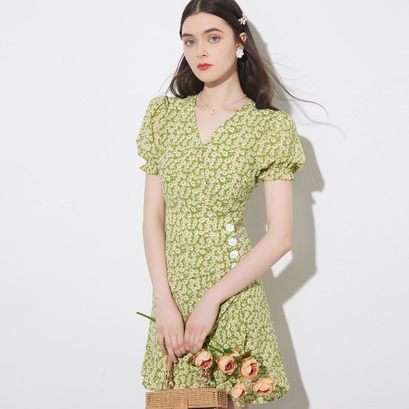 Female Vintage Elegant Short Green Daisy Print Holiday Dress Bubble Sleeves Short Slim Party Dress
