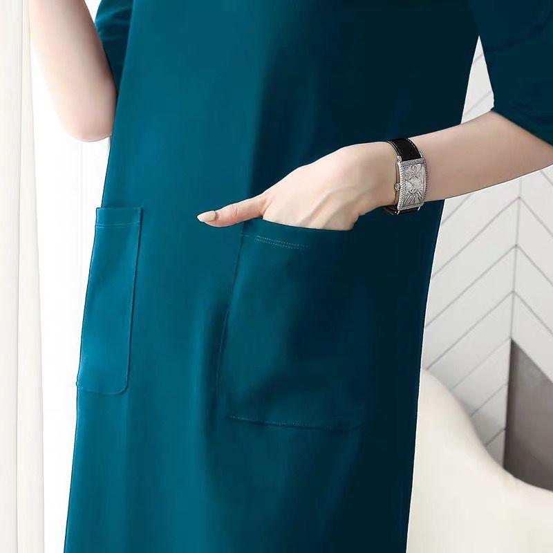 Ladies Dress Solid Color Five-quarter Sleeves Spring and Summer V-neck Large Pockets Pure Cotton Sweat-absorbing Soft and Comfortable