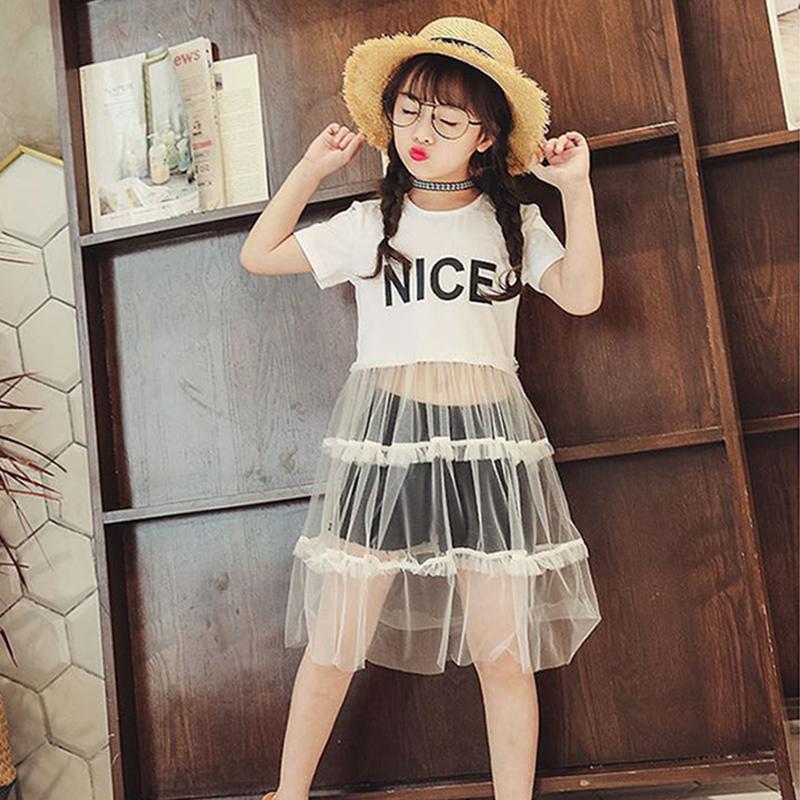 Summer Girls Tutu Dress Baby Dress Kids Dress Children Vestidos Toddler Dress Letter See Through Mesh Patch 2 To 7 Yrs