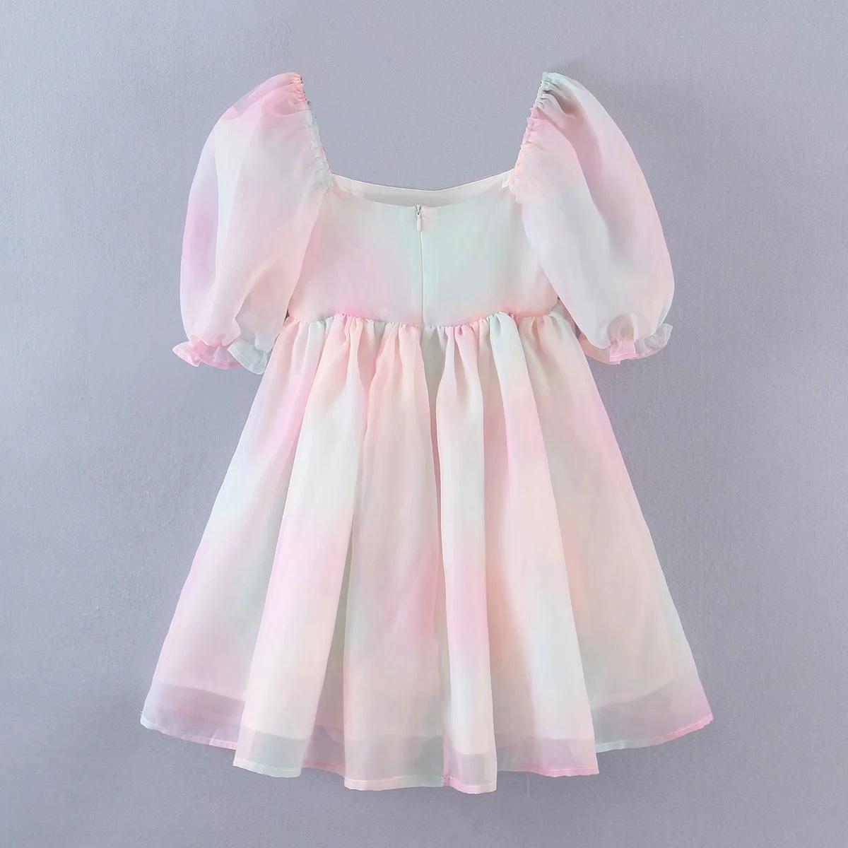 Sweet Women Tie Dye Princess Dresses Summer Multicolor A-line Puff Short Organza Ball Gown Dress