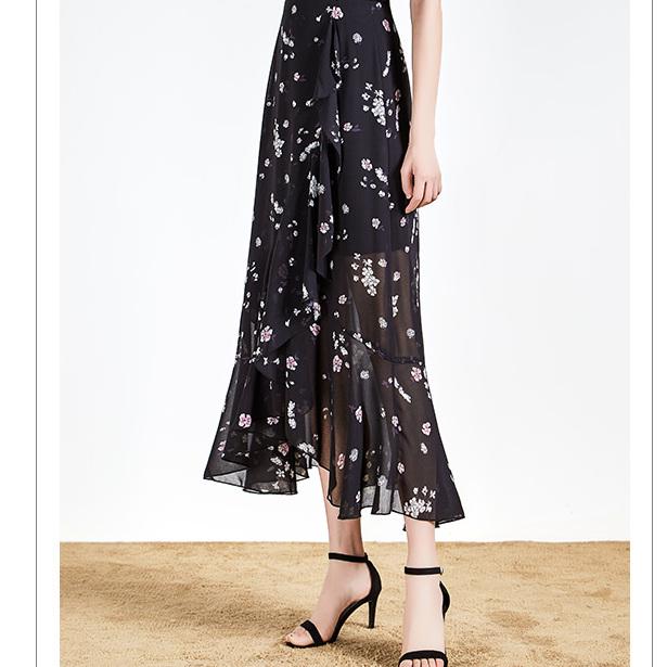 Long Print Chiffon Skirt Women Summer Elegant High Waist Pleated Sun Maxi Skirt Female