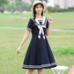 Sailor Collar Navy Dress Striped Sweet Bow-knot Girl Retro Style Student Girls Knee-length Solid Color Dress