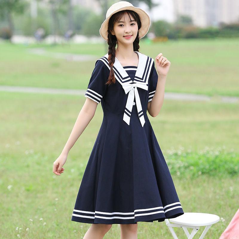 Sailor Collar Navy Dress Striped Sweet Bow-knot Girl Retro Style Student Girls Knee-length Solid Color Dress