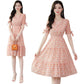 French Temperament Printed Dress Female Summer V-neck Slim Mid-length Dress Puff Sleeve A-line Skirt