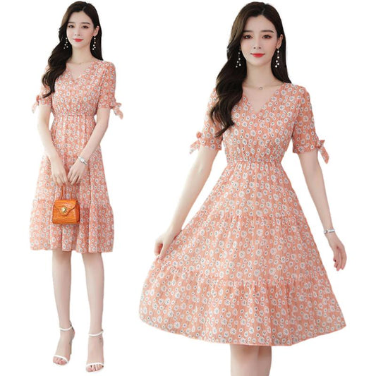 French Temperament Printed Dress Female Summer V-neck Slim Mid-length Dress Puff Sleeve A-line Skirt