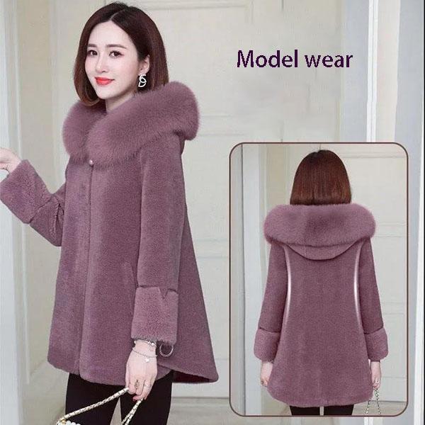 Winter Clothing Grain Velvet Thickening and Cotton Imitation Sheep Shearing Hooded Large Fur Collar Waist Imitation Fur Coat Mid-length Coat Women