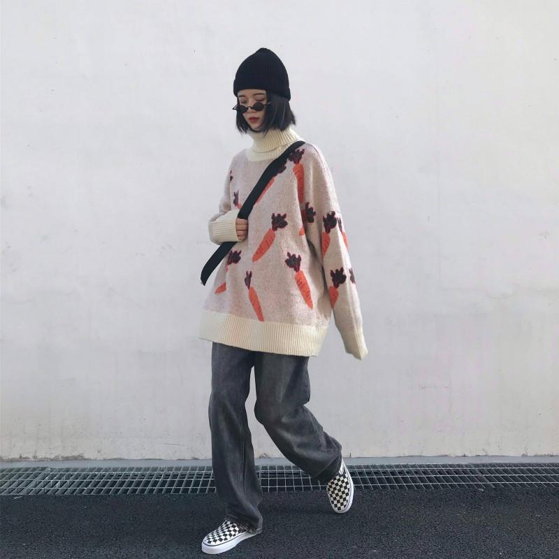 Pofulove Korean Turtleneck Color-matching Sweater Female Loose Pattern Wild Sweater Autumn Winter