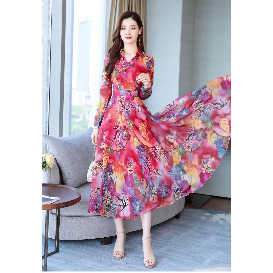 Long Waist Long Swing Long Dress Spring / Summer Long Sleeve Dress Plus Size Chiffon Dress Woman