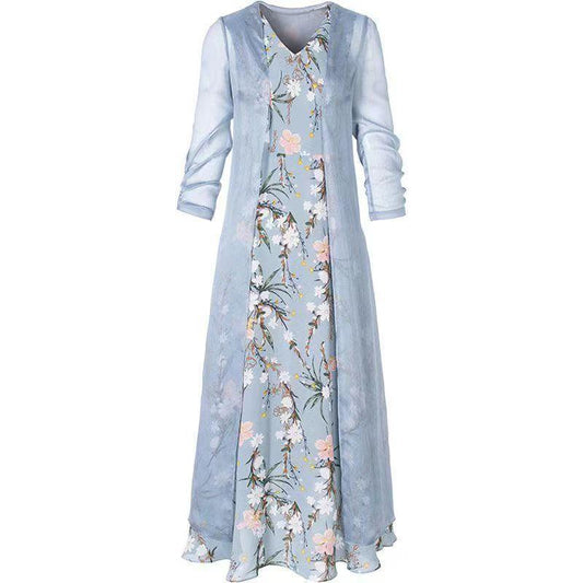 Chiffon Dress Tulle Long Cardigan Two-piece Set Women's Summer Sleeveless Floral Priting Dress+Sunscreen Thin Coat Elegant Anti-UV Sun Dress Suit