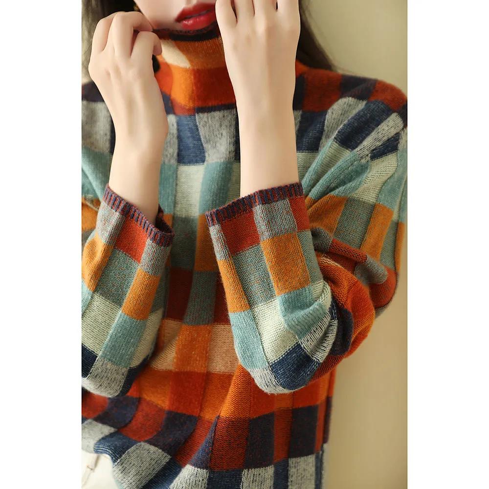 Gorgeous Colorful Checkerboard Knitted Sweater Women Autumn and Winter High-necked Lazy and Thin Outer Wear Plaid Sweater Women