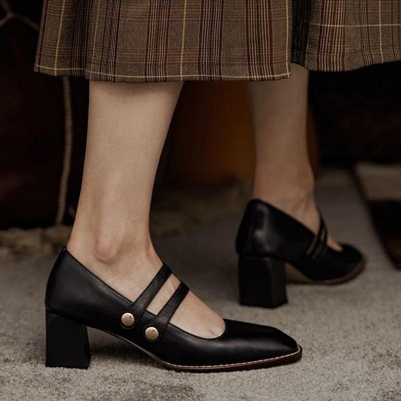 Single Shoes Women's Autumn One-step Thick Heel Casual Sweet Shallow Mouth Square Toe All-match Mary Jane Shoes Women
