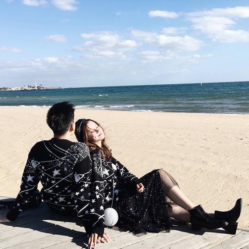 Couple Sweater Winter Cute Star Print O-neck Loose Knitwear Retro Unisex Pullover Jumper