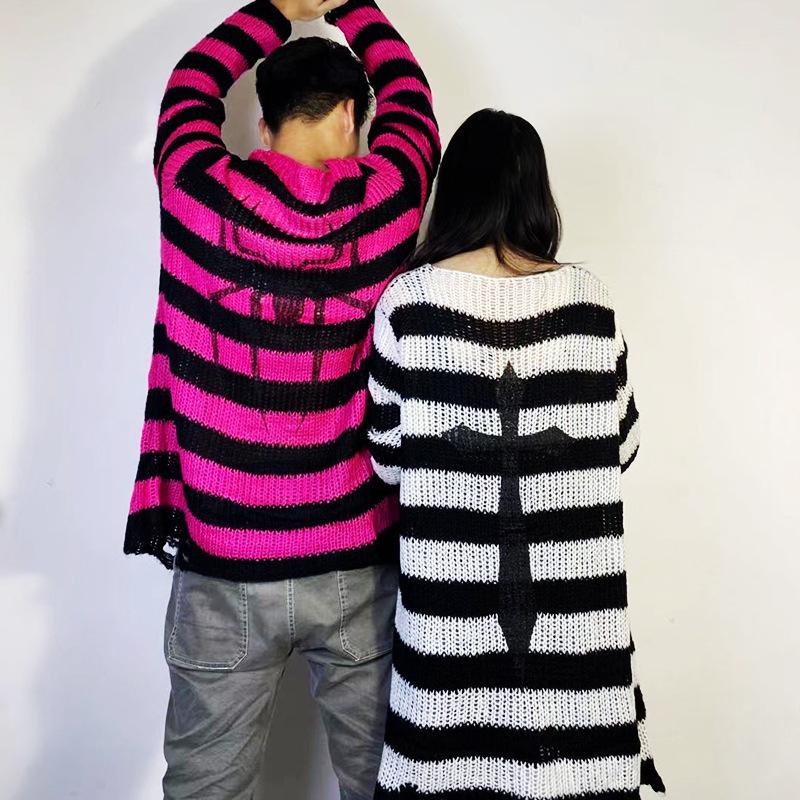 Punk Gothic Long Sweater Dress Plus Size Hollow Out Hole Destroy Pullover Jumper New Oversized Hip Hop Harajuku Striped Sweaters Hip Hop Streetwear