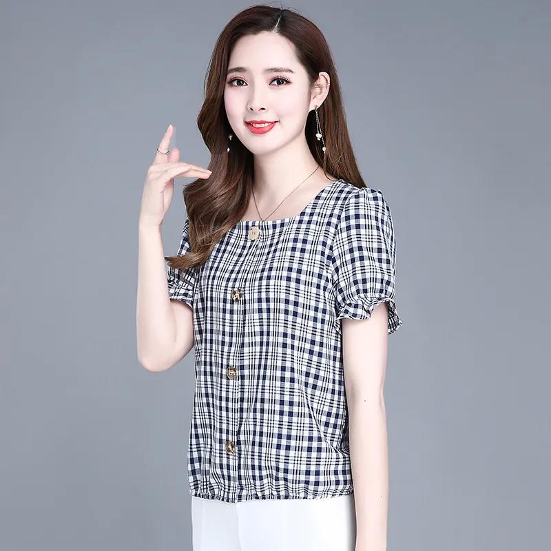 Women's Summer Plaid Short Sleeve Large Size Casual Loose Square Neck Top