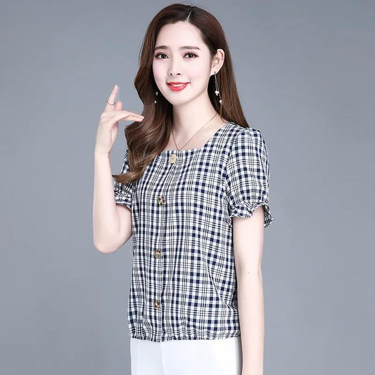Women's Summer Plaid Short Sleeve Large Size Casual Loose Square Neck Top