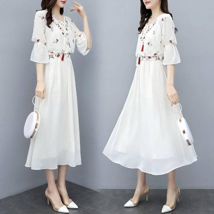 Pofulove XS-3XL Women Floral Chiffon Dress Office Lady Slim Short-sleeved V-neck A-line Beach Dress