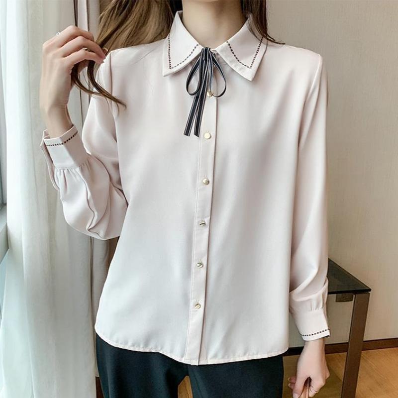 Chiffon Shirt Solid Color Bow Tie Lapel Shirt Ladies Versatile Long Sleeve Bottoming Shirt Commuter