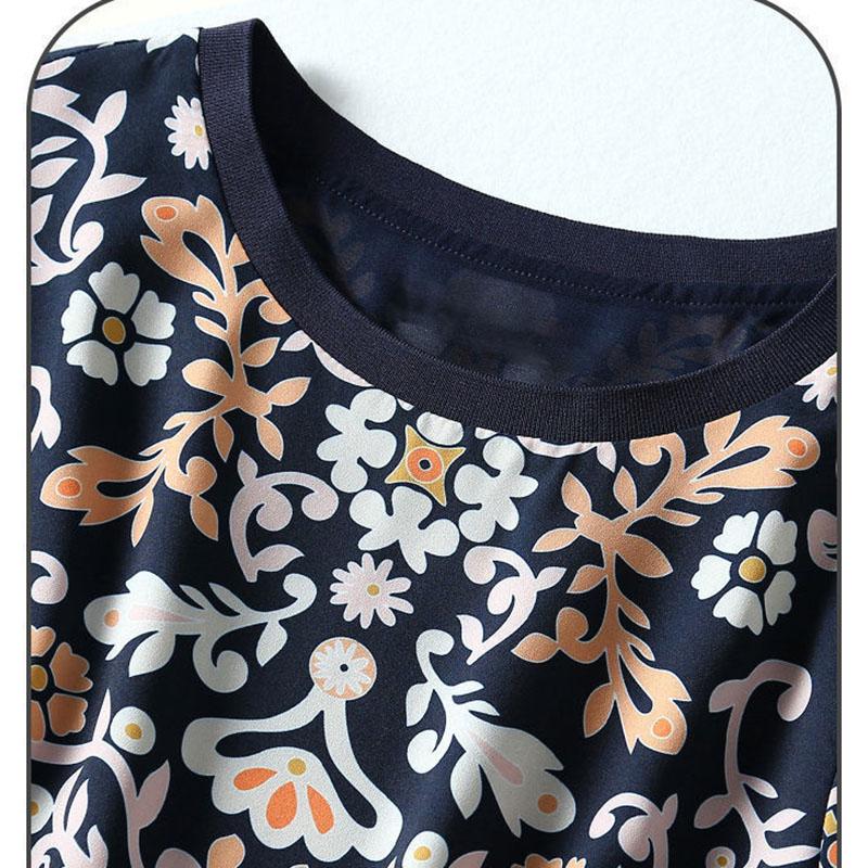 Short-sleeved Ice Silk Dress Female Summer Retro Floral Thin Loose Skirt Simulation Silk Temperament Printed Pleated Dress A-line Skirt