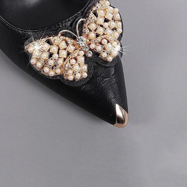 Women's Spring and Summer Soft Leather High Heels Genuine Leather Stiletto Shoes Rhinestone Butterfly Shoes for Office Ladies