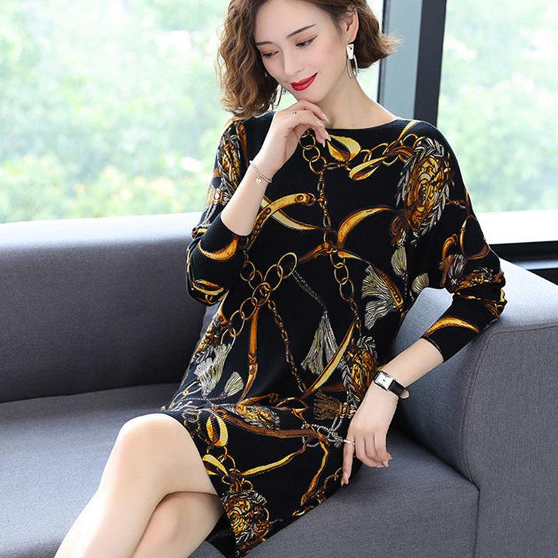High-end Cashmere Sweater Women Autumn Plus Size Printed Wool Sweater Dress Women Mid-length Knit Dress Outwear