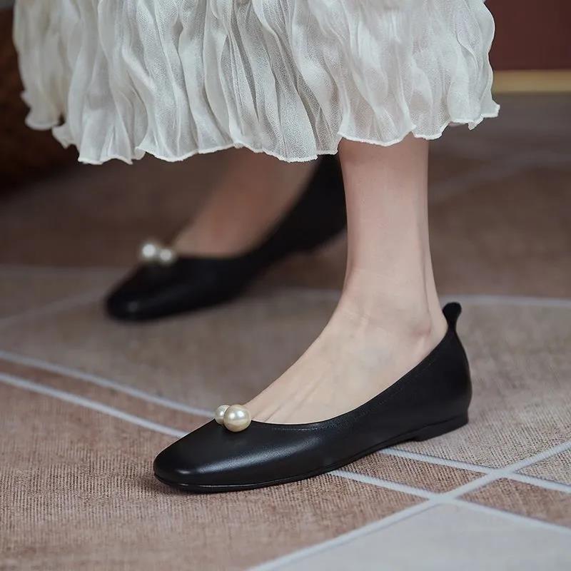Shallow Mouth Vintage Pearl Mary Jane Shoes Single Shoes Women Bow Knot Pump Flat Shoes Women Casual Comfortable Loafer
