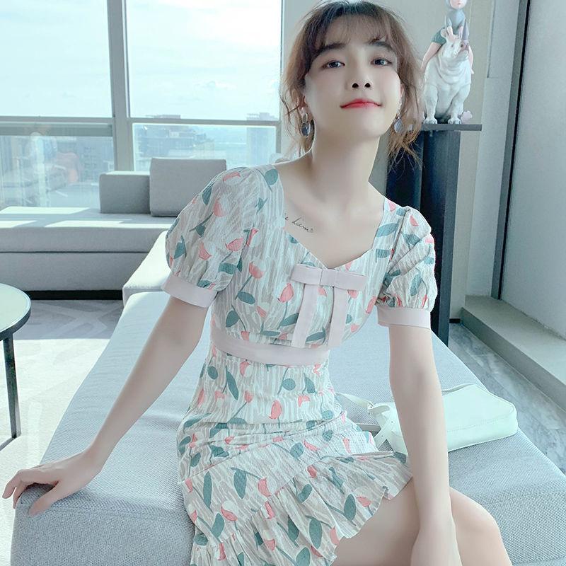 French Chiffon Dress Waist Is Thin Sweet Floral Skirt Lady Mid-length Floral Dress A-line Dress Slim Fabric Light and Breathable