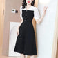 Women's Summer Dress Solid Color V-Neck Chiffon Slim A-Line Skirt