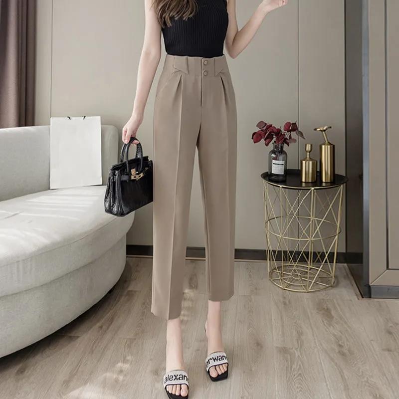 WTEMPO Office High Waist Suit Pants Solid Color Casual Elegant Daily Women's Straight Cropped Trousers
