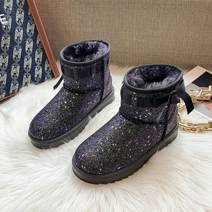 Bowknot Snow Boots Women's Winter Korean Version of Wild Plus Velvet Thick Warm Bread Shoes
